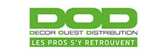 DOD Décor Ouest Distribution : Le partenaire des pros. Logo DOD vert et gris, pour Décor Ouest Distribution. Slogan en bas : 'Les pros s'y retrouvent'.