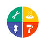 Services Artisanaux: Mécanique, Boulangerie, Mode & Peinture Symbole octogonal coloré d'artisanat: clé (mécanique), pain (boulangerie), mannequin (mode), rouleau (peinture).