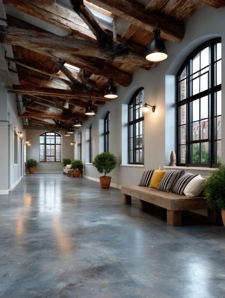 Couloir Industriel Chic : Design Loft avec Poutres et Fenêtres Vaste couloir de style industriel avec plafond à poutres apparentes, fenêtres arquées, sol en béton poli et banc en bois avec coussins.