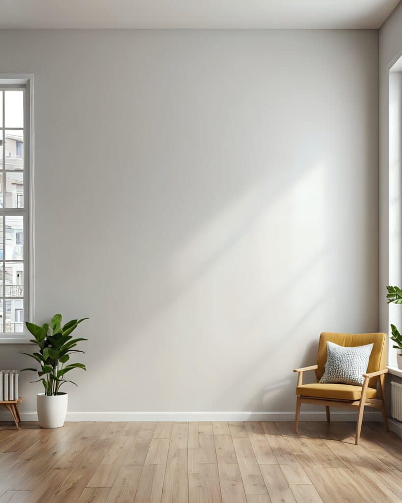 Intérieur Minimaliste: Pièce Lumineuse, Fauteuil Jaune et Bois Pièce minimaliste lumineuse avec murs blancs, parquet clair, fenêtre et plante. Fauteuil jaune moderne avec coussin texturé et ombres solaires.