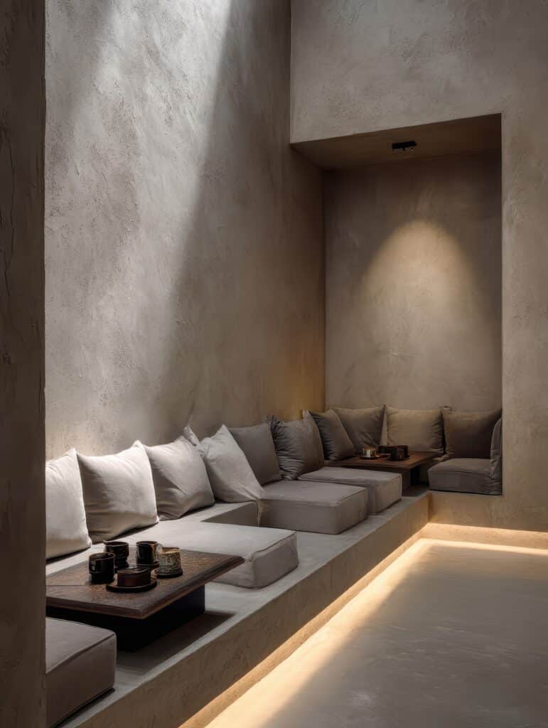 Salon design moderne : Plâtre texturé et ambiance chaleureuse Salon minimaliste en plâtre texturé beige clair. Banquettes confortables, coussins moelleux. Lumière naturelle et bande LED créent une ambiance chaleureuse. Tables basses en bois.