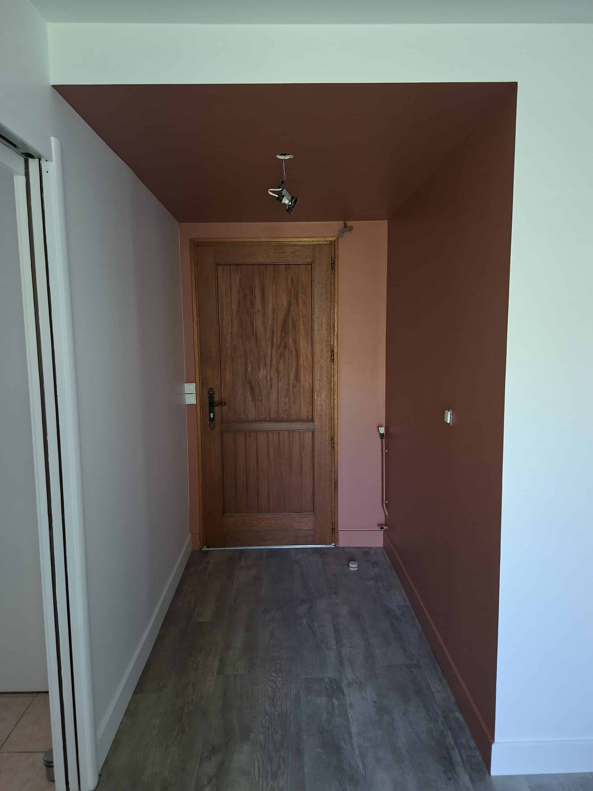 Entrée avec mur et plafond terracotta, porte en bois massif rustique et sol effet bois gris dans un couloir moderne.